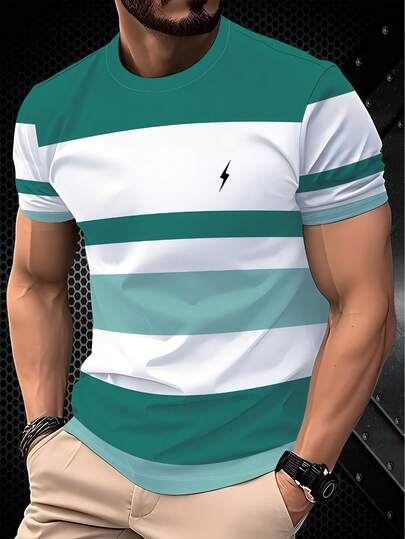 男士休闲圆领3D条纹印花T恤，透气舒适，可机洗。100%聚酯纤维，面料光滑轻盈，适合夏季穿着，轻薄透气。