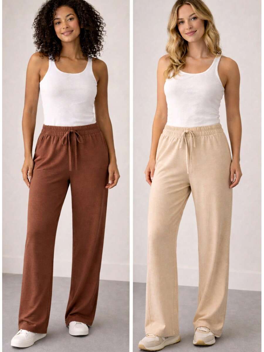 Set Of 2 Women's Pants Duna Wide-Leg Pants Set Wide-Leg Pants High Waist Elastic Waistband Premium Duna Fabric Wrinkle-Resistant Shrink-Resistant Loose-Fitting Pants One Size Elegant Work Look Versatile Piece Fashionable For Summer Winter Spring Autumn Comfort And Style All Seasons Superior Quality - 棕色/米色 - 查看 1