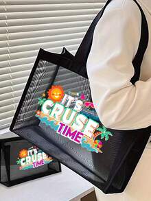 Cruise Time Ship Pattern Letter Printed Mesh Bag, Storage Bag, Toilet Bag, Large Capacity Handbag, Girl's Gift, Mother's Day Gift, Lightweight Foldable Storage Bag, Suitable For Personal Travel Cosmetics Storage, Easy To Clean, Travel Toilet Bag, Birthday Gift, Travel Makeup Tool, Teacher's Gift, Lover's Gift, Birthday Gift, Travel Essential, Dormitory Essential, Meeting Daily Travel Needs, , Birthday Gift,Birthday Gift, Mother's Day Gift, Graduation Season, Wedding Anniversary - Multicolor - View 4