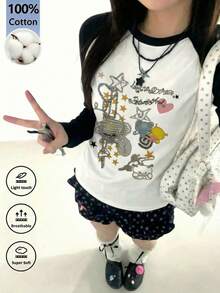 Y2K 复古涂鸦印花插肩袖T恤，休闲宽松长袖T恤，饰有可爱星星和爱心图案，女款白色 - 白色 - 查看 1