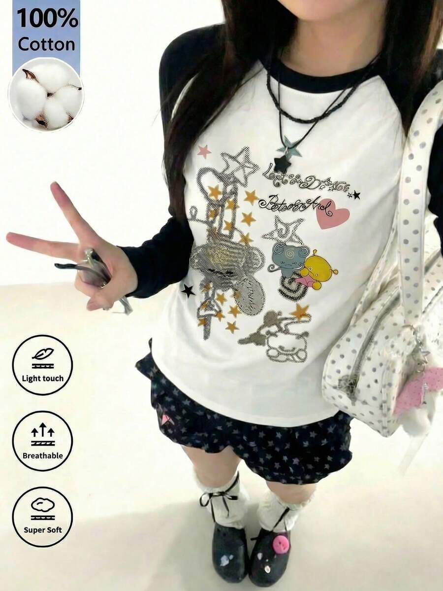 Y2K 复古涂鸦印花插肩袖T恤，休闲宽松长袖T恤，饰有可爱星星和爱心图案，女款白色 - 白色 - 查看 1