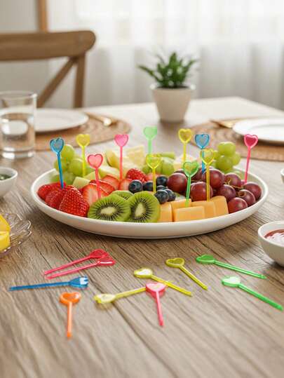50/100/200支装心形一次性水果签，色彩缤纷创意水果叉，便当午餐甜点串