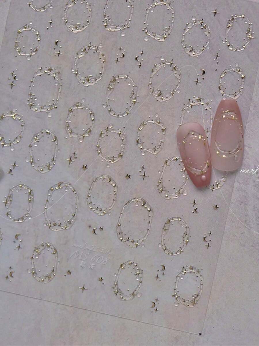 1片法式冰晶美甲贴纸，闪亮果冻自粘纸，金色烫印卡通图案，用于美甲装饰DIY - 金色 - 查看 1