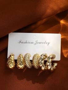 6-18pcs Water Drop Textured C-Shape Hoop Earrings, Suitable As Gifts For Holidays And Loved Ones - Gold - View 4