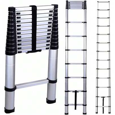 DayPlus Telescopic Folding Ladder 3.8M/ 12.5FT Multi-Purpose Collapsible Loft Ladders, Portable Stainless Steel Ladder Heavy Duty Sturdy Straight Ladders