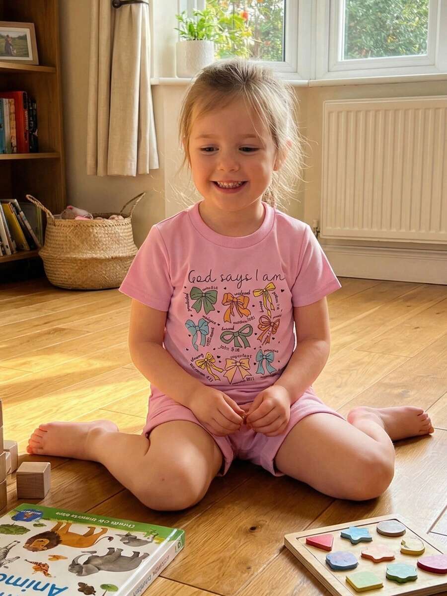 Little Toddler Girl Summer Outfit Bow Letter Print Short Sleeve T-Shirts And Solid Shorts 2 Piece Set - Pink - View 1