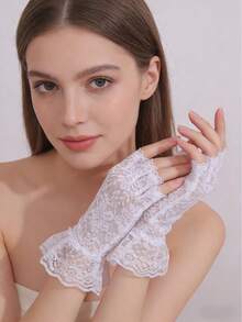 1 Pair White Lace Fingerless Gloves, Suitable For Bridal Wear, Summer Sun Protection - White - View 4