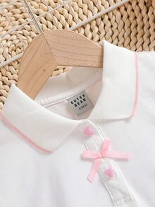 青少女夏季短袖t恤,有學院風愛心刺繡圖案 - 白色 - 查看 3