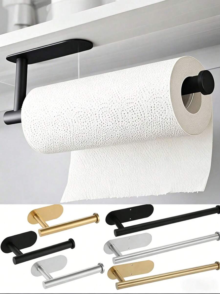1个橱柜下粘贴式纸巾架，免钻孔不锈钢卷纸巾架，含安装配件，节省空间，适用于厨房、食品储藏室、房车浴室等墙面和搁板下方，可选颜色：哑光黑、拉丝金、银色 - 彩色 - 查看 1