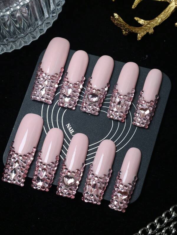 CrystalHola Handmade Coffin-Shaped Nails, Y2K Style Nails, Spring/Summer, Pink Nails. Color With French Tips, Full Coverage Rhinestones, Hearts, Stars. Pure Handmade Nails Suitable For Women And Girls. 10 Pieces/Set, 3 Sizes. Fits Parties, Weddings, And Daily Wear. Includes Tools. Great Gift For Ladies' Nail Supplies. Handmade Press On Nails
