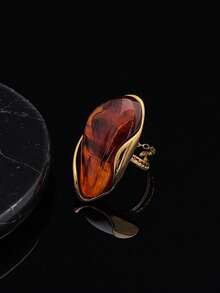 Luxury, Elegant, High-Quality Gold-Plated Brown, White, And Green Synthetic Crystal Faux Jade Stainless Steel 316 Ring, Suitable For European, Middle Eastern, And American Women To Wear For Holidays. - Brown - View 3