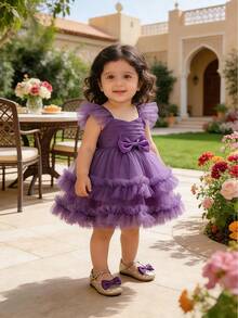 Vestido de fiesta y noche para niña bebé con malla, patchwork y decoración de lazo - Morado - Ver 2