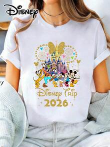 Disney Lady's T-Shirt, Featuring Cartoon Patterns Of Disney's 2026 Travel. The Fabric Is Soft, Comfortable And Durable. This Is A Summer/Winter Ladies' Round-Neck T-Shirt, Suitable For Daily Wear, Shopping, Attending Parties And Gatherings. It Is Also More Suitable For Daily Outfits And As A Gift. - trắng - Xem 1