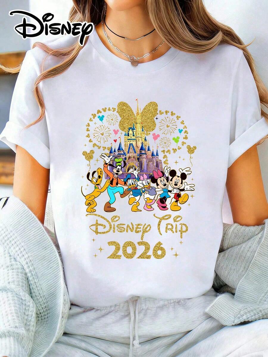 Disney Lady's T-Shirt, Featuring Cartoon Patterns Of Disney's 2026 Travel. The Fabric Is Soft, Comfortable And Durable. This Is A Summer/Winter Ladies' Round-Neck T-Shirt, Suitable For Daily Wear, Shopping, Attending Parties And Gatherings. It Is Also More Suitable For Daily Outfits And As A Gift. - trắng - Xem 1