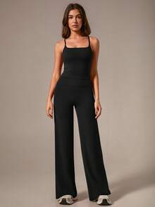 TimeOff Bộ đồ thể thao nữ màu trơn gồm áo hai dây có đệm mút tháo rời và quần ống đứng dáng rộng, thích hợp cho mùa xuân/hè, màu đen. - màu đen - Xem 4