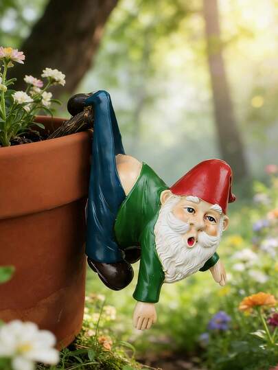 1pc Outdoor Resin Dwarf Planter Hanger, Cute Dwarf Statue Suitable For Garden Planter Decor, Whimsical Small Figurine For Patio/Balcony Decor, A Lovely Gift For Nature And Gardening Enthusiasts