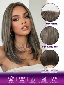 14 Inch 13x4 Lace Front Wig, High Temperature Fiber Synthetic Wig, Ash Brown Natural Straight Layered Bob Wig For Women - Piano Color - View 7