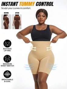 1pc Women's Christmas High Waist Slimming Leggings, Comfortable & Versatile For Daily Wear. Double-Layer Design Enhances Abdominal Control For A Perfect Figure. Shorts - Apricot - View 4