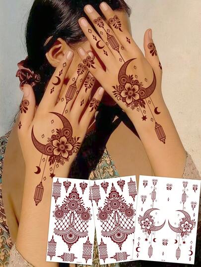 3pcs Red-Brown Moonflower Temporary Tattoo Set, Waterproof Fake Tattoo, Suitable For Women's Hands, Feet And Body Art, Ideal For Festivals, Weddings And Daily Decoration