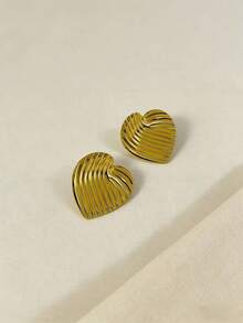 Pendientes de corazón de metal con elegancia francesa, hipoalergénicos de acero inoxidable, joyería de lujo en caja, regalos personalizados para mujeres, joyería para el Día de San Valentín - Dorado - Ver 4