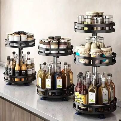 1pc 360° Rotatable Modern Minimalist Iron Metal Spice Rack Holder, With Unique Stainless Steel Cylindrical Stand Details, Suitable For Storing Spice Jars And Decorations, Applicable For Kitchen Counter Shelves And Display, Suitable For Year-Round Use.