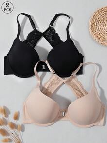 2pcs Front Closure Underwire Bra, Adjustable Straps & Lace Patchwork, Sexy Open Back Wireless Bra, Soft Breathable Bra With Front Hook Closure, Thick Cup Support, Suitable For Commuting, Daily Wear, Home & Multi-Occasions - Multicolor - View 4