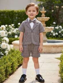BOARNSEORL 2 piezas Conjunto de traje de caballero para niños pequeños: Blazer de manga corta a cuadros con pajarita y pantalones cortos, de moda y elegante para fiestas, eventos y salidas - Caqui - Ver 1