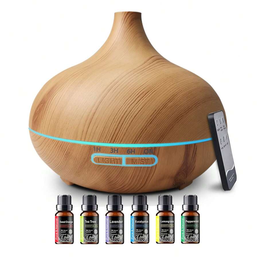 550ml USB Essential Oil Diffuser, Remote Control, Ultrasonic Humidifier, 7 Color LED Light - Mist - View 1