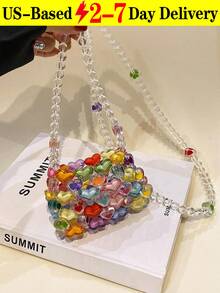 1pc Girls' Mini Heart Shape Beaded Square Bag Crossbody Bag, Cute Handmade Beaded Open Mouth Handbag, Fashionable Heart Purse, Colorblock Fashionable, Suitable For Festival Decoration Or Daily Wear Dressing Matching,  Perfect For Music Festival, Spring/Summer, Vacation Essentials, Perfectly Matching With Beach Accessories Women, Hottest Beach Bags For Women, Beach Necessities[US Local Warehouse]The Best Gift Choice, Birthday Gift - 彩色 - 查看 2