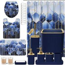 XLHOMO Bathroom Set -  Bathroom Set With Shower Curtain And Rugs, Bathroom Accessory Set, Navy Blue Bathroom Sets, Trash Can &Amp; Soap Dispenser - MàuG - Xem 9