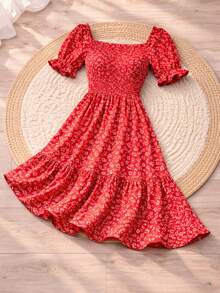 Women's Floral Print Dress, Comfortable And Stylish, Elegant Midi Length, Short Sleeve, Plus Size, Peasant Style, Princess Sleeve, Evangelical, Elasticated, Romantic - 查看 1