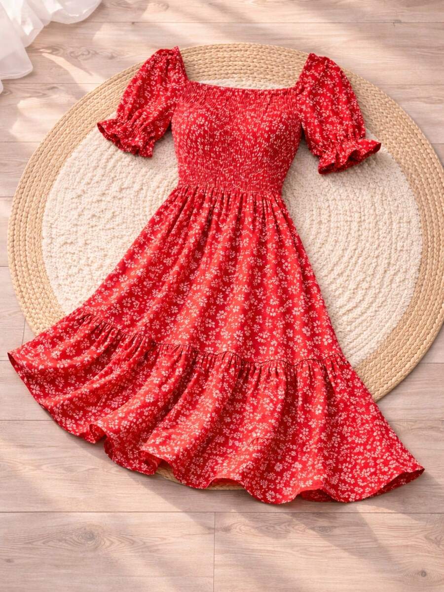 Women's Floral Print Dress, Comfortable And Stylish, Elegant Midi Length, Short Sleeve, Plus Size, Peasant Style, Princess Sleeve, Evangelical, Elasticated, Romantic - 查看 1