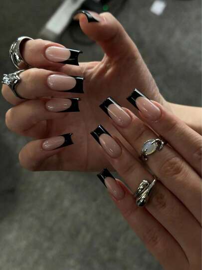 24pcs/Set Press-On Nails, Black French Design, Perfect Fit Fake Nails, Includes 1pc Jelly Gel And 1pc Nail File, French Manicure, Suitable For Women And Girls, Daily And Party Nail Care