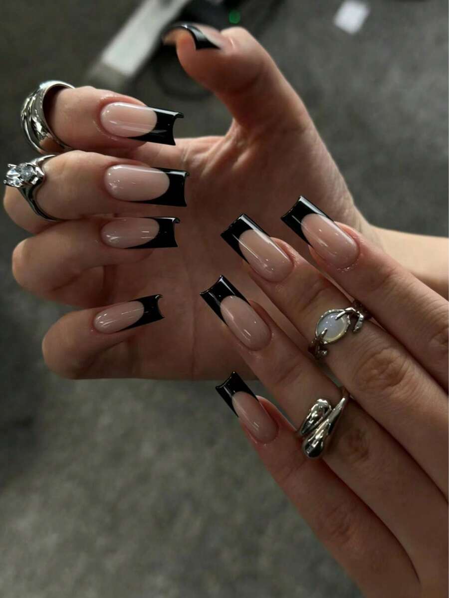 24 piezas/Set de uñas postizas, diseño francés negro, uñas falsas de ajuste perfecto, incluye 1 pieza de gel de gelatina y 1 pieza de lima de uñas, manicura francesa, adecuado para mujeres y niñas, cuidado de uñas diario y de fiesta - Negro - Ver 1