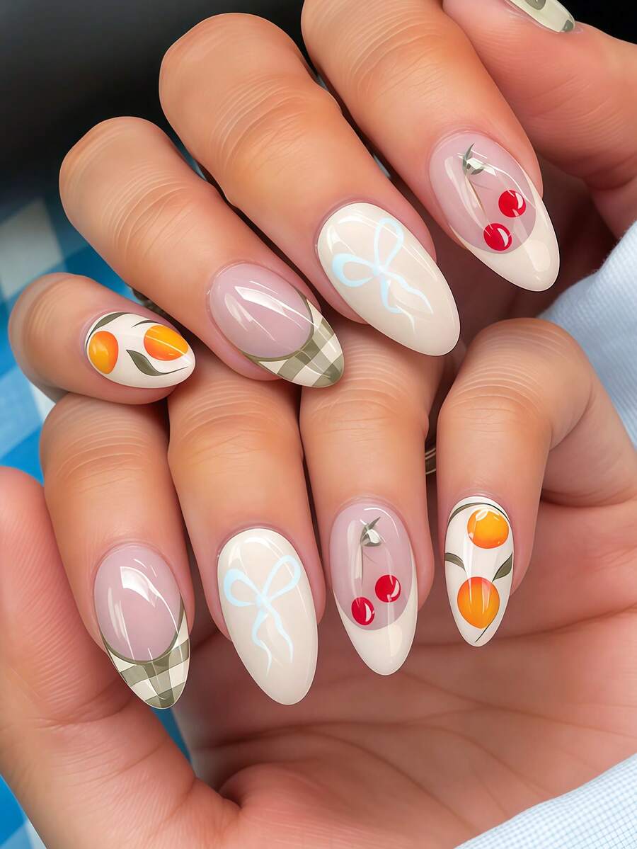24pcs Medium Almond Shape Press-On Fake Nails, Fashionable & Fresh Spring/Summer Style, Light Green Plaid, French Nude Pink, Elegant Light Blue Bow Design, Red Cherry Orange Pattern, Full Coverage Nail Tips Set, Includes 1 Glue Sheet & 1 Mini File, Random Delivery - Multicolor - View 1