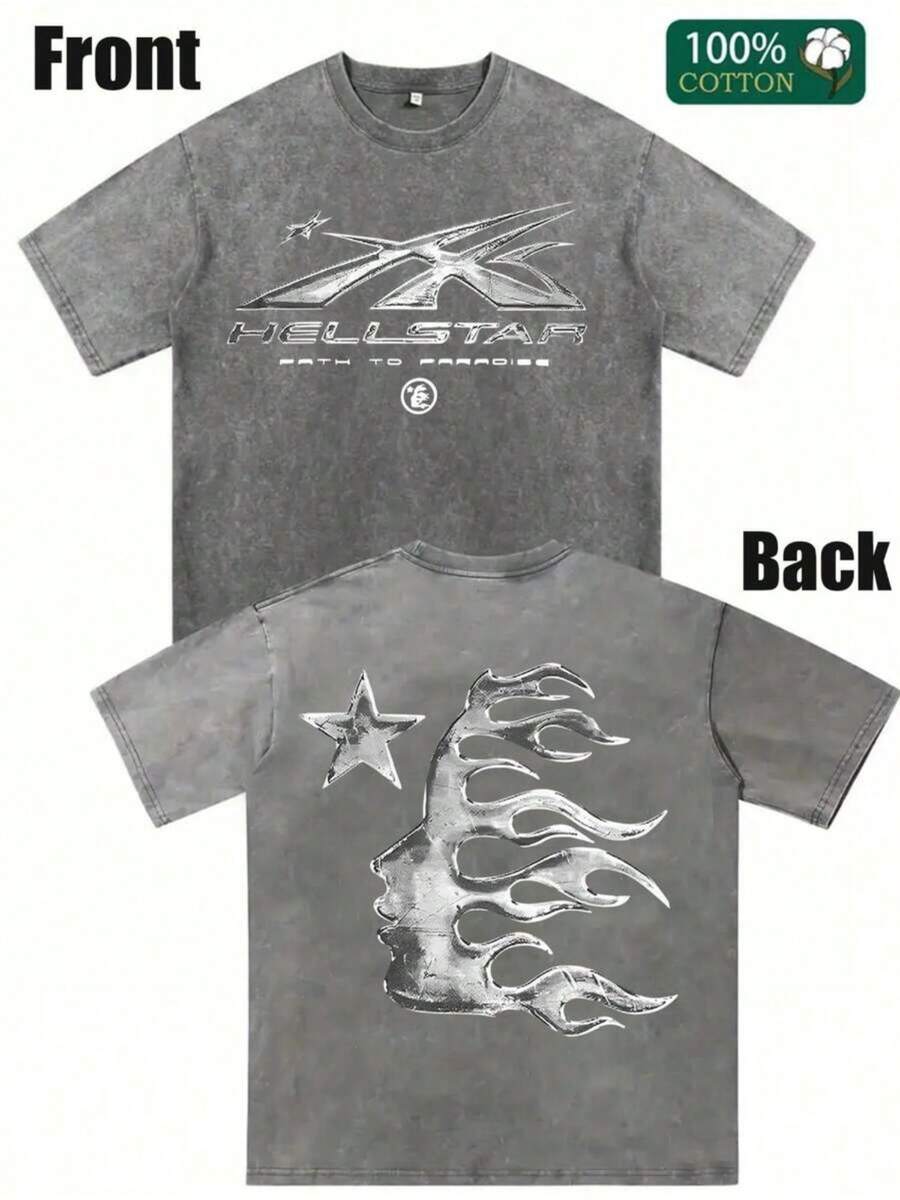 Men's Printed Pattern Washed T-Shirt - Casual Loose Summer T-Shirt With Star And Flame Design, Adult Brown 100% Pure Cotton Round Neck Shirt, Breathable T-Shirt | Avant-Garde Casual Wear | 100% Pure Cotton Printed T-Shirt - 灰色 - 查看 1