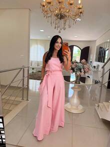 Casual Chic Wide-Leg Set - Two Pieces (Tank Top + Flowy Pants) - Baby Pink - View 2