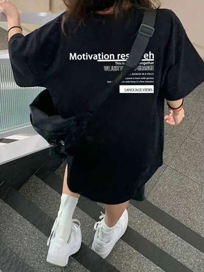 カジュアル ルーズ レター プリント 半袖 Tシャツ、春夏に活躍、和風ブラック