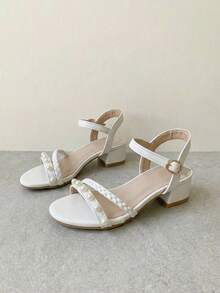 1 par de zapatos de tacón alto con suela gruesa y decoración de perlas, estilo romano, para niñas, diseñados especialmente para niños, de moda, cómodos y elegantes, adecuados para centros comerciales, salidas diarias, eventos de fiesta y actuaciones de baile, que se pueden combinar fácilmente con diversos atuendos infantiles. - Blanco - Ver 4