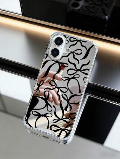 Bowknot Mirrored Black Phone Case, Compatible With Iphone13/14/15/16 Series, Full-Body Shockproof Protective Cover, Raised Camera Protection, Compatible With Apple And Phones, 7P XR 11 12 16 Pro Max 17ProMax 17PRO Air 17 S22 S23 S24 S25 Ultra A13 A14 A15 A16 A53 A54 A55 Etc.