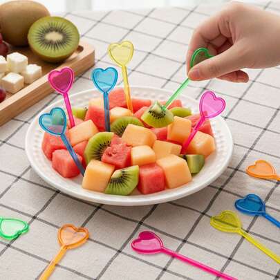 50/100/200pcs Heart-Shaped Disposable Fruit Picks, Colorful Creative Fruit Forks, Bento Lunch Dessert Skewers, Camping Supplies, Party Supplies, Friend Gatherings, Family Dinners