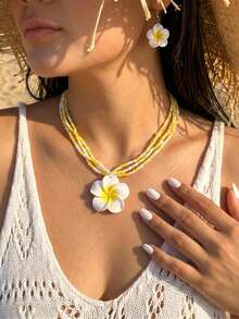 2 piezas Conjunto de collar y aretes de arcilla polimérica con cuentas de flores de estilo playero para mujeres - conjunto de aretes y collar - Ver 2