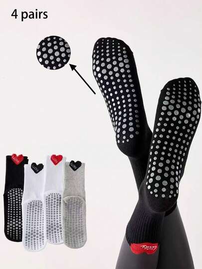 4 đôi tất Pilates chống trượt toàn đế, thiết kế hình trái tim, chất liệu silicon, dành cho nữ, thích hợp cho Pilates.
