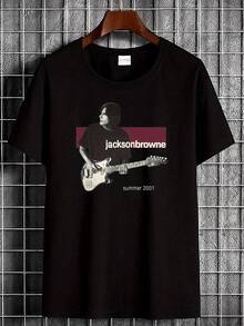 Plus Size-Funny Men's And Women's Round Neck T-Shirt Women's Fashion T-Shirt,Jackson Browne 2001 Tour Vintage Concert T-Shirt - Unisex Soft Breathable Relaxed Fit Round Neck Tee With Guitar Graphic & Signature - All-Season Comfort Casual Streetwear For Men & Women - Machine Washable Music Fan Apparel (Size M - 黑色 - 查看 7