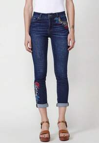 Koroshi Women's Slim Push-Up Denim Trousers With Turn-Up Hem, Embroidered Floral Detail, And Zip And Button Front Closure, Dark Blue, Sizes 34/36/40 - Navy Blue - View 10