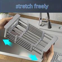 Adjustable Stainless Steel Retractable Dish Drying Rack | Heavy Duty No-Drill Sink Organizer Rack, Space-Saving Drainer Rack With Striped Design, Suitable For Utensils And Cookware, Fits Sink And Countertop, Modern Kitchen Storage, Multi-Function Shelf - Multicolor - View 6
