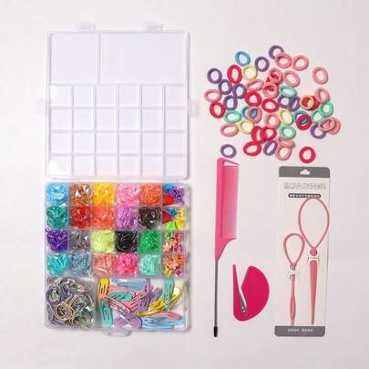 发圈、发带套装，含4种美发工具和收纳盒，彩色发饰，适合女孩