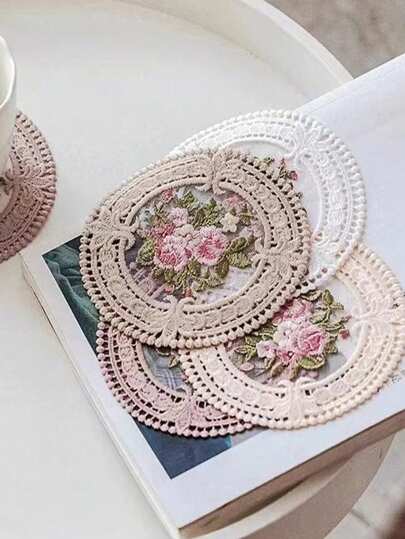 6件套刺绣蕾丝杯垫，复古蕾丝杯垫，隔热餐垫，桌布装饰，圆形摄影道具
