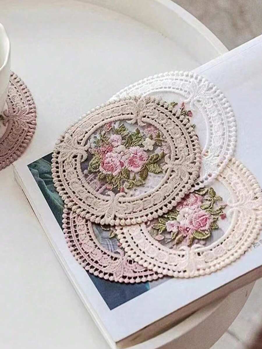 6pcs Embroidered Lace Coasters, Vintage Lace Coasters, Heat Insulation Placemats, Tablecloth Decor, Round Photography Props - Multicolor - View 1