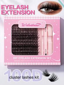 Waloshow Sanishi Lashes Eyelash Curler, 240 Clusters, D-Shaped Curling, 30D 40D 50D 80D 100D 12-18mm Length, Individual Eyelash Curler, DIY Eyelash Curler, Thin & Thick Stem Eyelash Curler, With Applicator, Eyelash Glue & Sealer, Eyelash Curler Set - Black - View 1